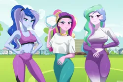 Size: 1440x960 | Tagged: safe, artist:riouku, derpibooru import, princess cadance, princess celestia, princess luna, equestria girls, g4, alternate hairstyle, bedroom eyes, belly, belly button, blushing, clothes, commission, dean cadance, eyeshadow, female, football, grin, headband, image, leggings, leotard, lipstick, makeup, midriff, png, ponytail, principal celestia, royal sisters, shirt, siblings, sisters, smiling, sports, sports bra, trio, trio female, vice principal luna