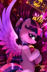 Size: 1477x2283 | Tagged: safe, artist:darksly, derpibooru import, twilight sparkle, twilight sparkle (alicorn), alicorn, pony, bedroom eyes, blushing, body pillow, body pillow design, book, commission, crown, cute, eyeshadow, female, image, jewelry, jpeg, makeup, mare, regalia, solo, twiabetes