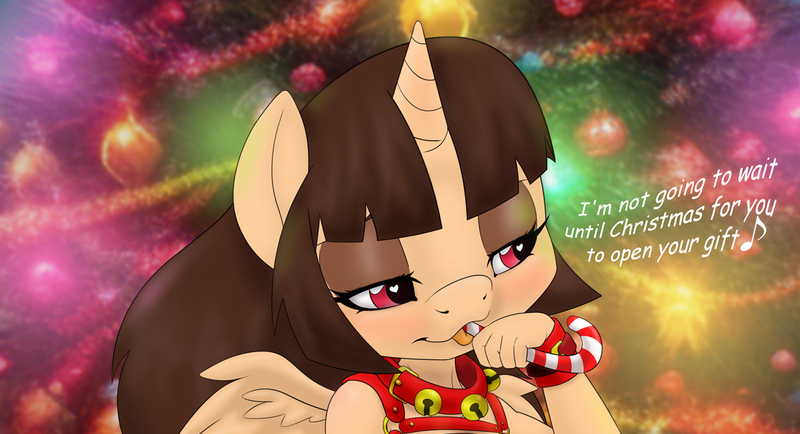 Size: 1200x651 | Tagged: suggestive, artist:miniferu, banned from derpibooru, deleted from derpibooru, derpibooru import, oc, oc:spring beauty, alicorn, anthro, candy, candy cane, christmas, female, food, harness, holiday, image, jpeg, lolicon, solo, tack, underage