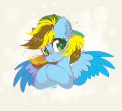 Size: 1716x1572 | Tagged: safe, artist:mirtash, derpibooru import, oc, oc:lucky bolt, unofficial characters only, pegasus, pony, backwards ballcap, baseball cap, blushing, bust, cap, colored wings, commission, cute, ear fluff, female, hat, image, png, simple background, solo, two toned mane, two toned wings, wings, ych result