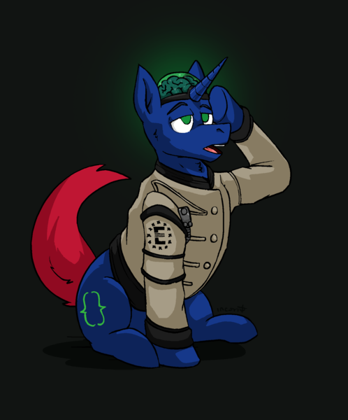 Size: 1680x2023 | Tagged: safe, artist:g472y, derpibooru import, oc, oc:bit shift, unofficial characters only, pony, unicorn, fallout equestria, blank eyes, brain, clothes, colored, enclave, enclave uniform, green eyes, horn, image, lidded eyes, lineart, mind control, open mouth, organs, pipbuck, png, salute, sitting, solo, uniform