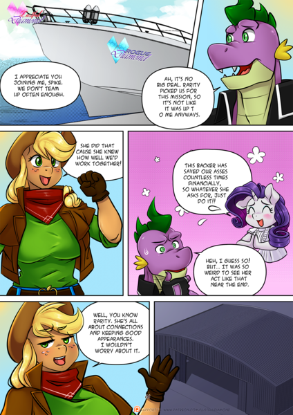 Size: 1200x1697 | Tagged: safe, artist:cabrony, artist:pia-sama, color edit, derpibooru import, edit, applejack, rarity, spike, anthro, dragon, earth pony, plantigrade anthro, unicorn, comic:lustful diamond, comic:the long way back, g4, adult, adult spike, applejack's hat, breasts, busty applejack, clothes, colored, comic, cowboy hat, gloves, hat, horn, image, older, older spike, png, slit pupils, speech bubble, stetson, warehouse