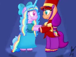 Size: 2160x1620 | Tagged: safe, artist:jesslmc16, derpibooru import, izzy moonbow, sunny starscout, earth pony, pony, unicorn, g5, bipedal, bow, clothes, dress, duo, duo female, female, hoof hold, horn, image, izzy rainbow, lesbian, lidded eyes, looking at each other, looking at someone, mane stripe sunny, mare, nutcracker, png, scene interpretation, ship:moonscout, shipping, signature, simple background, smiling, smiling at each other, spotlight, standing, sword, the nutcracker, weapon