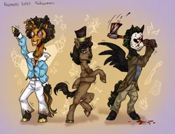 Size: 1560x1200 | Tagged: semi-grimdark, artist:rasmary, derpibooru import, oc, oc:cookie cheetos, oc:fast bullet, oc:outworld, unofficial characters only, earth pony, pegasus, pony, undead, zombie, fallout equestria, g4, alternate universe, axe, black, blood, bone, clothes, colt, cosplay, costume, cylinder, dancing, digital art, disco, easter egg (media), female, filly, foal, friday the 13th, glasses, gradient background, halloween, halloween costume, hat, holiday, image, injured, kindred, male, maniac, mare, mare oc, mask, my little pony, plants vs zombies, png, relatives, russet, short mane, siblings, skeleton, spooky, spooky scary skeleton, spotted, spread wings, stallion, stallion oc, standing up, teenager, trio, weapon, wings, without clothes