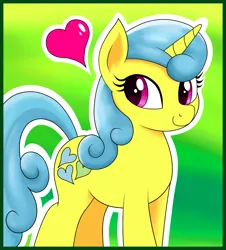 Size: 1357x1500 | Tagged: safe, artist:vomitvomiting, derpibooru import, lemon hearts, pony, unicorn, g4, gradient background, heart, horn, image, png, solo