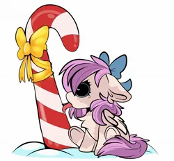 Size: 2048x1904 | Tagged: safe, artist:doodle-hooves, derpibooru import, oc, oc:chai leche, pegasus, bow, candy, candy cane, coat markings, cute, dilated pupils, food, image, jpeg, licking, silly, simple background, sitting, snow, stuck, tongue out, two toned mane