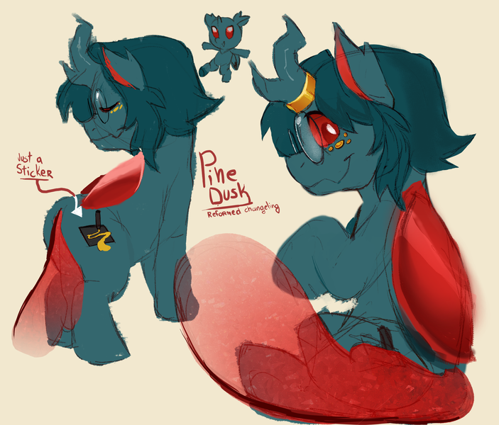 Size: 1852x1580 | Tagged: safe, artist:moonixora, derpibooru import, oc, oc:pine dusk, unofficial characters only, changedling, changeling, pony, baby changeling, fake cutie mark, foal, glasses, image, png, ponysona, red eyes, showing off, smiling