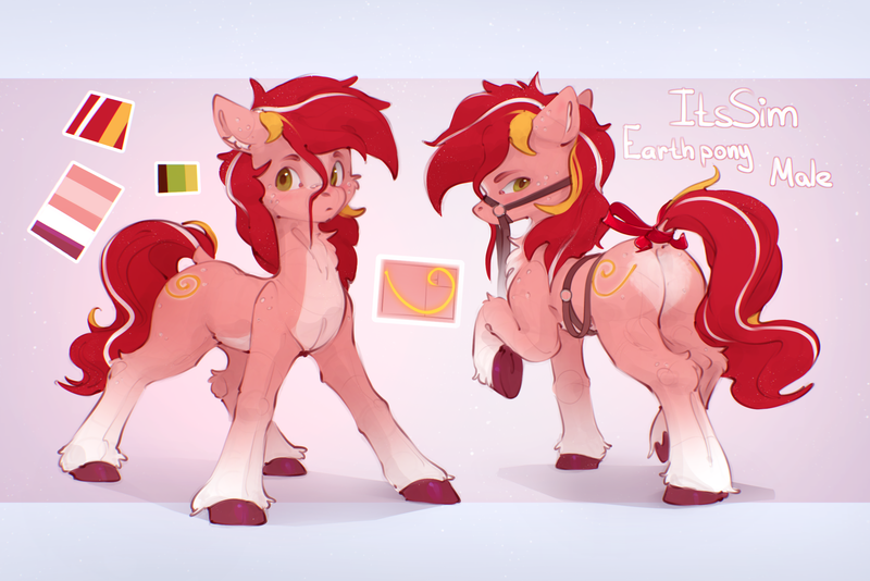 Size: 2712x1809 | Tagged: suggestive, artist:itssim, derpibooru import, oc, oc:itssim, unofficial characters only, earth pony, pony, bridle, butt, cheek fluff, chest fluff, dock, ear fluff, earth pony oc, freckles, image, leg fluff, male, plot, png, raised hoof, reference sheet, ribbon, solo, solo male, stallion, stray strand, tack, tail, underhoof, unshorn fetlocks