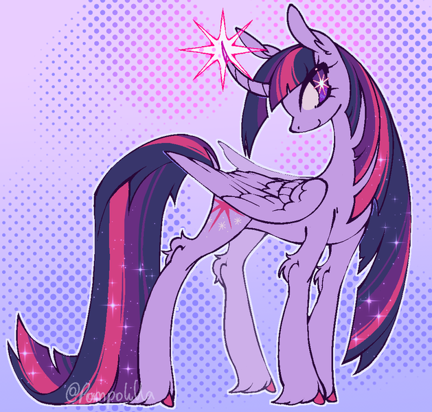 Size: 1049x1000 | Tagged: safe, artist:pompolilla, derpibooru import, twilight sparkle, twilight sparkle (alicorn), alicorn, pony, colored hooves, curved horn, ear fluff, female, fetlock tuft, folded wings, glow, glowing horn, gradient background, hock fluff, hooves, horn, image, lavender background, leg fluff, mare, pink hair, pixel-crisp art, png, signature, simple background, small horn, smiling, solo, sparkles, sparkly mane, sparkly tail, standing, starry eyes, tail, turned head, unshorn fetlocks, wingding eyes, wings