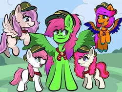 Size: 680x510 | Tagged: oc name needed, safe, artist:doodle-hooves, derpibooru import, oc, oc:chai leche, oc:doodle hooves, earth pony, pegasus, pony, age difference, clothes, cloud, female, foal, girl scout, image, jpeg, mare, necktie, outdoors, smiling, spread wings, uniform, wings