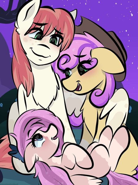 Size: 899x1199 | Tagged: safe, artist:doodle-hooves, derpibooru import, oc, oc:chai leche, oc:quickdraw, pegasus, pony, blushing, bow, coat markings, cowboy hat, cute, family, female, happy, hat, hug, image, jpeg, male, mare, night, night sky, outdoors, sky, socks (coat marking), stallion, winghug, wings