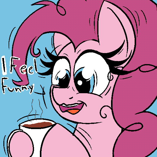 Size: 512x512 | Tagged: safe, artist:xppp1n, derpibooru import, pinkie pie, earth pony, pony, g4, coffee, coffee cup, cup, dithering, female, image, mare, pinkie found the coffee, png, simple background, solo, tremors, xk-class end-of-the-world scenario