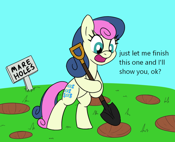 Size: 800x650 | Tagged: safe, artist:unitxxvii, derpibooru import, bon bon, sweetie drops, earth pony, pony, g4, bipedal, description is relevant, dialogue, digging, female, hole, image, mare, open mouth, open smile, png, shovel, sign, smiling, solo