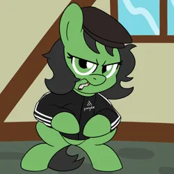 Size: 900x900 | Tagged: safe, artist:unitxxvii, derpibooru import, oc, oc:anonfilly, earth pony, pony, bipedal, cigarette, clothes, female, filly, foal, furrowed brow, image, jacket, looking at you, png, smoking, solo, squatting