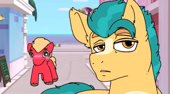 Size: 710x394 | Tagged: safe, artist:tamers12345, derpibooru import, screencap, hitch trailblazer, sprout cloverleaf, earth pony, pony, g5, animated, blushing, gay, image, implied crush, looking at someone, male, png, ship:clovertrail, shipping, spritch, stallion, stupid sexy hitch trailblazer