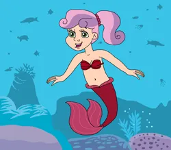 Size: 1071x937 | Tagged: safe, artist:ocean lover, derpibooru import, sweetie belle, barracuda, fish, human, jellyfish, mermaid, turtle, g4, arista (the little mermaid), bare shoulders, belly, belly button, bra, bubble, cheerful, clothes, cute, diasweetes, disney, disney princess, fins, fish tail, green eyes, happy, human coloration, humanized, image, kelp, light skin, looking at you, mermaid princess, mermaid tail, mermaidized, ms paint, ocean, open mouth, png, ponytail, seashell, seashell bra, species swap, sponge, swimming, tail, tail fin, two toned hair, underwater, underwear, water