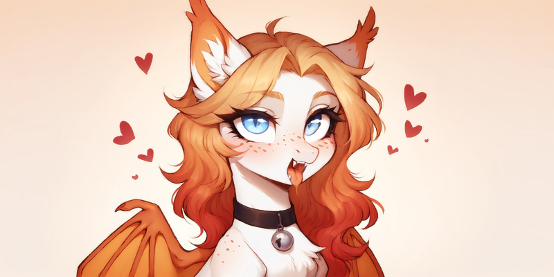 Size: 2400x1200 | Tagged: safe, ai content, derpibooru import, machine learning generated, prompter:greesys, oc, oc:sonka, unofficial characters only, bat pony, pony, ahegao, blonde, choker, ear fluff, freckles, heart, image, open mouth, orange hair, png, sharp eyes, solo, tongue out