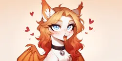 Size: 2400x1200 | Tagged: safe, ai content, derpibooru import, machine learning generated, prompter:greesys, oc, oc:sonka, unofficial characters only, bat pony, pony, ahegao, blonde, choker, ear fluff, freckles, heart, image, open mouth, orange hair, png, sharp eyes, solo, tongue out