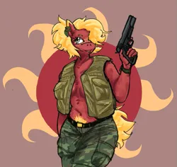 Size: 835x788 | Tagged: suggestive, artist:chunk_spunk, derpibooru import, oc, oc:strawberry lemonade, unofficial characters only, anthro, earth pony, pony, commission, female, freckles, gun, handgun, image, m1911, pistol, png, ponytail, smiling, solo, vietnam war, weapon