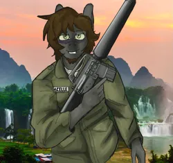 Size: 1035x971 | Tagged: safe, artist:chunk_spunk, derpibooru import, oc, oc:nacelle, unofficial characters only, anthro, pegasus, assault rifle, commission, gun, image, m16, male, png, rifle, smiling, solo, solo male, weapon