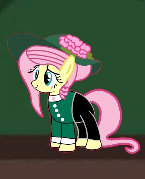 Size: 1080x1330 | Tagged: safe, artist:darlycatmake, derpibooru import, fluttershy, g4, beautiful, beautiful eyes, beautiful hair, clothes, dress, fancy, flower, happy, hat, image, jpeg, miss western fluttershy, pants, pretty, remastered, solo, western