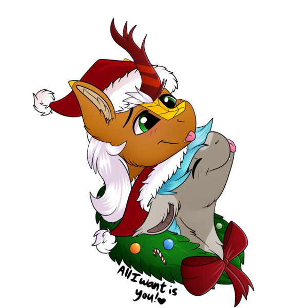 Size: 2000x2000 | Tagged: safe, artist:decemberbreeze, derpibooru import, oc, unofficial characters only, kirin, pony, :p, bow, christmas, commission, duo, hat, holiday, image, kirin oc, png, santa hat, shipping, simple background, snuggling, tongue out, transparent background, wreath, ych result