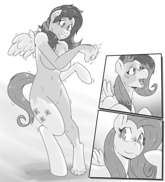 Size: 3000x3300 | Tagged: suggestive, artist:helixjack, derpibooru import, fluttershy, human, pegasus, pony, g4, female, grayscale, grin, high res, human to pony, image, monochrome, nudity, png, shiny, smiling, transformation