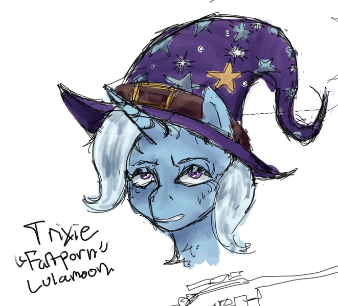 Size: 730x663 | Tagged: safe, artist:chunk_spunk, derpibooru import, trixie, pony, unicorn, g4, annoyed, clothes, doodle, hat, horn, image, looking at you, messy lines, png, sketch, solo, trixie's hat