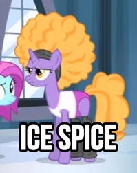 Size: 828x1038 | Tagged: safe, anonymous editor, derpibooru import, edit, edited screencap, screencap, blue cutie, foxxy trot, pony, unicorn, for whom the sweetie belle toils, g4, caption, horn, ice spice, image, jpeg, my little pony, text, unamused