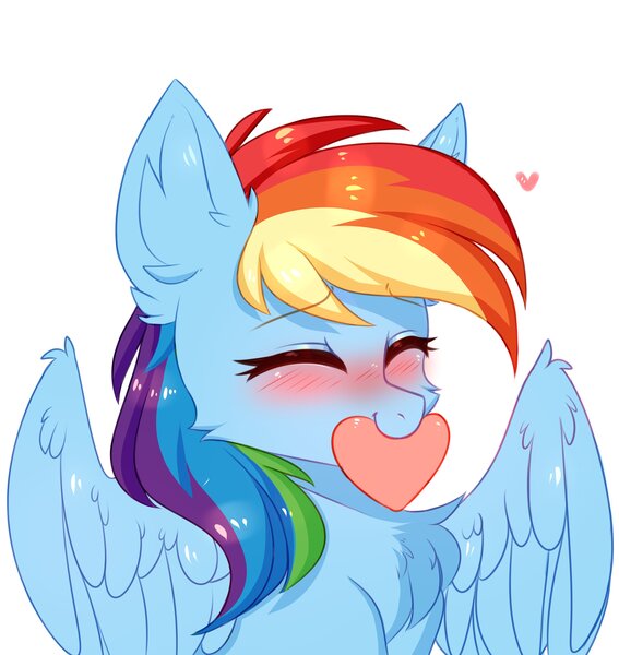 Size: 2836x3000 | Tagged: safe, alternate version, artist:pesty_skillengton, derpibooru import, rainbow dash, pegasus, pony, g4, blushing, cheek fluff, chest fluff, cute, dashabetes, ear fluff, eyes closed, female, heart, image, jpeg, mare, mouth hold, simple background, smiling, solo, spread wings, white background, wings