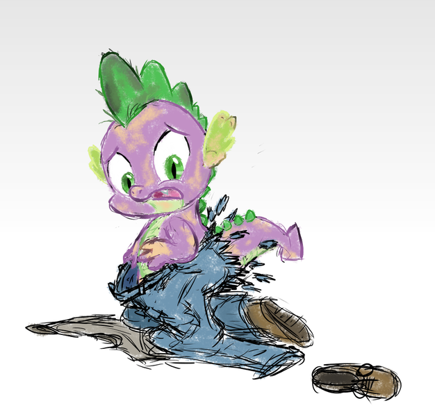 Size: 906x869 | Tagged: safe, artist:drdocmd, derpibooru import, spike, dragon, human, g4, clothes, denim, human to dragon, image, jeans, male, pants, png, shoes, simple background, solo, transformation, white background