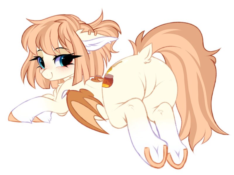 Size: 2560x1911 | Tagged: safe, artist:pesty_skillengton, derpibooru import, oc, oc:honey milk, unofficial characters only, bat pony, pony, bat pony oc, bat wings, blushing, butt, dock, eye clipping through hair, eyebrows, eyebrows visible through hair, featureless crotch, female, freckles, image, jpeg, looking at you, mare, plot, simple background, smiling, smiling at you, solo, tail, underhoof, white background, wings