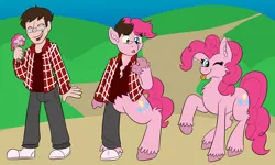 Size: 2500x1500 | Tagged: safe, artist:detectivecoon, derpibooru import, pinkie pie, oc, earth pony, human, pony, g4, ;p, female, human to pony, image, looking at you, male, male to female, mare, one eye closed, png, raised hoof, rule 63, tongue out, transformation, transformation sequence, transgender transformation, unshorn fetlocks, wink, winking at you