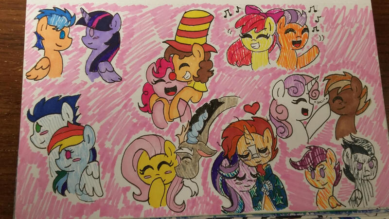 Size: 1280x720 | Tagged: safe, artist:mlparistisccsketch, derpibooru import, apple bloom, button mash, cheese sandwich, discord, flash sentry, fluttershy, pinkie pie, rainbow dash, rumble, scootaloo, soarin', starlight glimmer, sunburst, sweetie belle, tender taps, twilight sparkle, twilight sparkle (alicorn), alicorn, earth pony, pegasus, pony, unicorn, cheesepie, colt, discoshy, female, filly, flashlight, foal, horn, image, jpeg, male, mare, rumbloo, ship:sweetiemash, ship:tenderbloom, shipping, soarindash, stallion, starburst, straight, traditional art