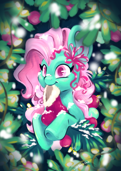 Size: 4465x6314 | Tagged: safe, artist:cutepencilcase, derpibooru import, minty, earth pony, pony, g3, bust, christmas, christmas stocking, female, holiday, image, mare, mouth hold, png, solo