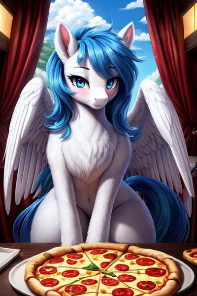 Size: 512x768 | Tagged: safe, ai content, oc, oc:snowy starshine, pegasus, pony, belly button, blue eyes, blue mane, blushing, chest fluff, food, image, jpeg, pizza, sky, solo, spread wings, wings