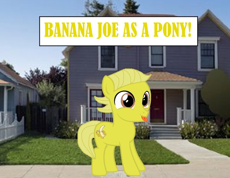 Size: 1594x1234 | Tagged: safe, artist:memeartboi, derpibooru import, oc, ponified, earth pony, pony, g4, banana, banana boy, banana joe, colt, colt oc, content, cute, earth pony oc, foal, food, image, jpeg, male, male oc, outdoors, solo, solo male, standing, text, the amazing world of gumball, tongue out