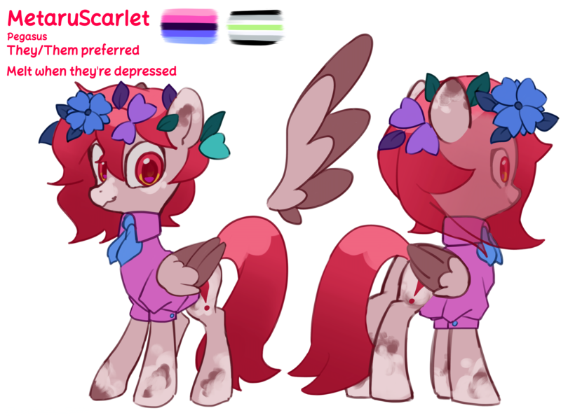 Size: 4096x3072 | Tagged: safe, artist:metaruscarlet, derpibooru import, oc, oc:metaru scarlet, unofficial characters only, pegasus, pony, agender pride flag, clothes, english, flower, flower in hair, folded wings, image, omnisexual pride flag, pegasus oc, png, pride, pride flag, reference sheet, simple background, spotted, text, transparent background, wings