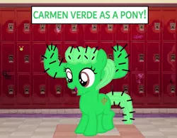 Size: 1206x938 | Tagged: safe, artist:memeartboi, derpibooru import, oc, ponified, earth pony, pony, g4, cactus, cactus girl, carmen verde, content, cute, earth pony oc, female, female oc, filly, filly oc, foal, hallway, happy, image, indoors, jpeg, open mouth, open smile, school, school hall, smiling, solo, solo female, standing, text, the amazing world of gumball, thorn