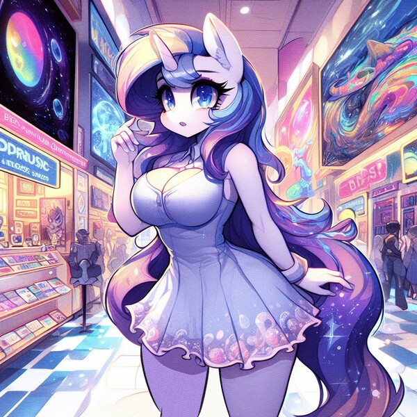 Size: 1024x1024 | Tagged: suggestive, ai content, anonymous editor, derpibooru import, edit, machine learning generated, oc, unofficial characters only, anthro, pony, unicorn, big breasts, blue eyes, blushing, breasts, cleavage, clothes, dress, female, horn, human to anthro, image, implied transformation, implied transgender transformation, indoors, jpeg, long hair, male to female, mall, mare, prompter:horselover fat, purple hair, rule 63, shopping mall, sparkles, sparkly eyes, sparkly mane, story included, thighs, unreadable text, white coat, wingding eyes