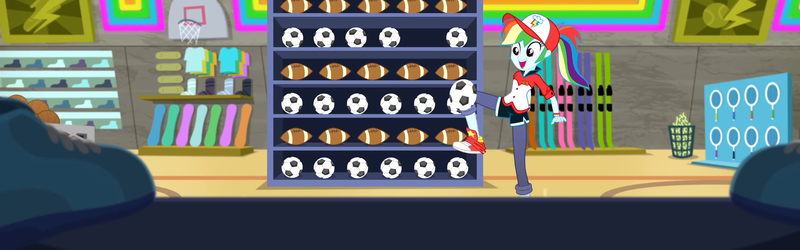 Size: 3458x1080 | Tagged: safe, composite screencap, derpibooru import, edit, edited screencap, screencap, rainbow dash, human, equestria girls, g4, american football, ball, cap, clothes, epic fails, female, football, hat, image, my little pony equestria girls: summertime shorts, pants, png, ponytail, shoes, sneakers, sports, store