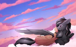 Size: 3088x1942 | Tagged: safe, artist:scarlet-spectrum, derpibooru import, oc, oc:antares, oc:artsong, unofficial characters only, pegasus, pony, cloud, duo, image, on a cloud, pegasus oc, png, wings