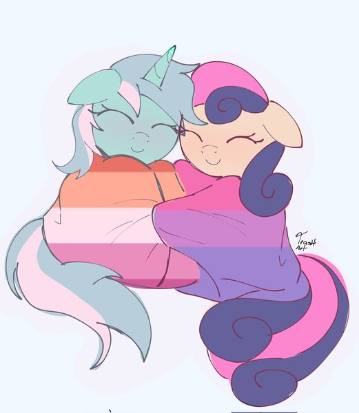 Size: 1778x2048 | Tagged: safe, artist:eltrash_art6, derpibooru import, bon bon, lyra heartstrings, sweetie drops, earth pony, pony, unicorn, g4, adorabon, bisexual pride flag, cute, duo, duo female, eyes closed, female, happy, horn, hug, image, jpeg, lesbian, lesbian pride flag, lyrabetes, lyrabon, mare, pride, pride flag, pride month, shipping, simple background, smiling