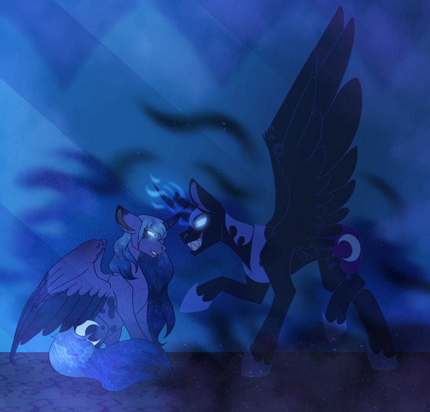 Size: 4877x4680 | Tagged: safe, artist:zarinaroseyt, derpibooru import, nightmare moon, princess luna, alicorn, pony, g4, concave belly, dark side, duality, duo, evil grin, female, glow, glowing eyes, glowing horn, grin, horn, image, jpeg, looking at each other, looking at someone, magic, mare, s1 luna, sad, shadow, sharp teeth, smiling, spread wings, standing on two hooves, teeth, temptation, wings