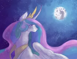 Size: 1280x992 | Tagged: safe, artist:sleepybooocharlie, derpibooru import, princess celestia, alicorn, pony, g4, crying, curved horn, female, full moon, horn, image, jewelry, jpeg, mare, mare in the moon, moon, night, peytral, regalia, solo