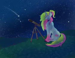 Size: 1280x995 | Tagged: safe, artist:sleepybooocharlie, derpibooru import, oc, unofficial characters only, pony, unicorn, choker, curved horn, ear piercing, earring, female, horn, image, jewelry, jpeg, mare, night, night sky, piercing, shooting star, sitting, sky, solo, spiked choker, stargazing, stars, telescope, unshorn fetlocks