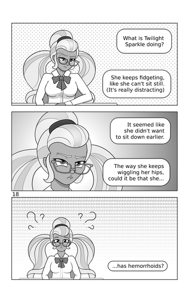 Size: 1732x2756 | Tagged: safe, artist:cybersquirrel, derpibooru import, part of a set, sugarcoat, comic:take a seat miss sparkle, g4, clothes, comic, confused, glasses, image, monochrome, png, school uniform, speech bubble, text