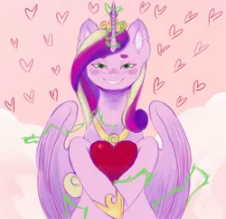 Size: 1280x1241 | Tagged: safe, artist:sleepybooocharlie, derpibooru import, princess cadance, queen chrysalis, alicorn, pony, g4, blushing, disguise, disguised changeling, female, floating heart, heart, holiday, hoof shoes, image, jewelry, jpeg, looking at you, magic, mare, peytral, regalia, slit pupils, smiling, solo, valentine's day