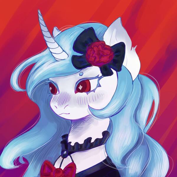 Size: 1280x1280 | Tagged: safe, artist:sleepybooocharlie, derpibooru import, oc, unofficial characters only, pony, unicorn, abstract background, ai interpretation, bow, bowtie, bust, clothes, curved horn, female, hair bow, horn, image, jpeg, mare, portrait, solo, starry eyes, wingding eyes