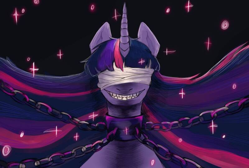 Size: 1280x864 | Tagged: safe, artist:sleepybooocharlie, derpibooru import, twilight sparkle, pony, g4, bandage, blindfold, chained, chains, covered eyes, creepy, creepy smile, female, image, jpeg, mare, smiling, solo